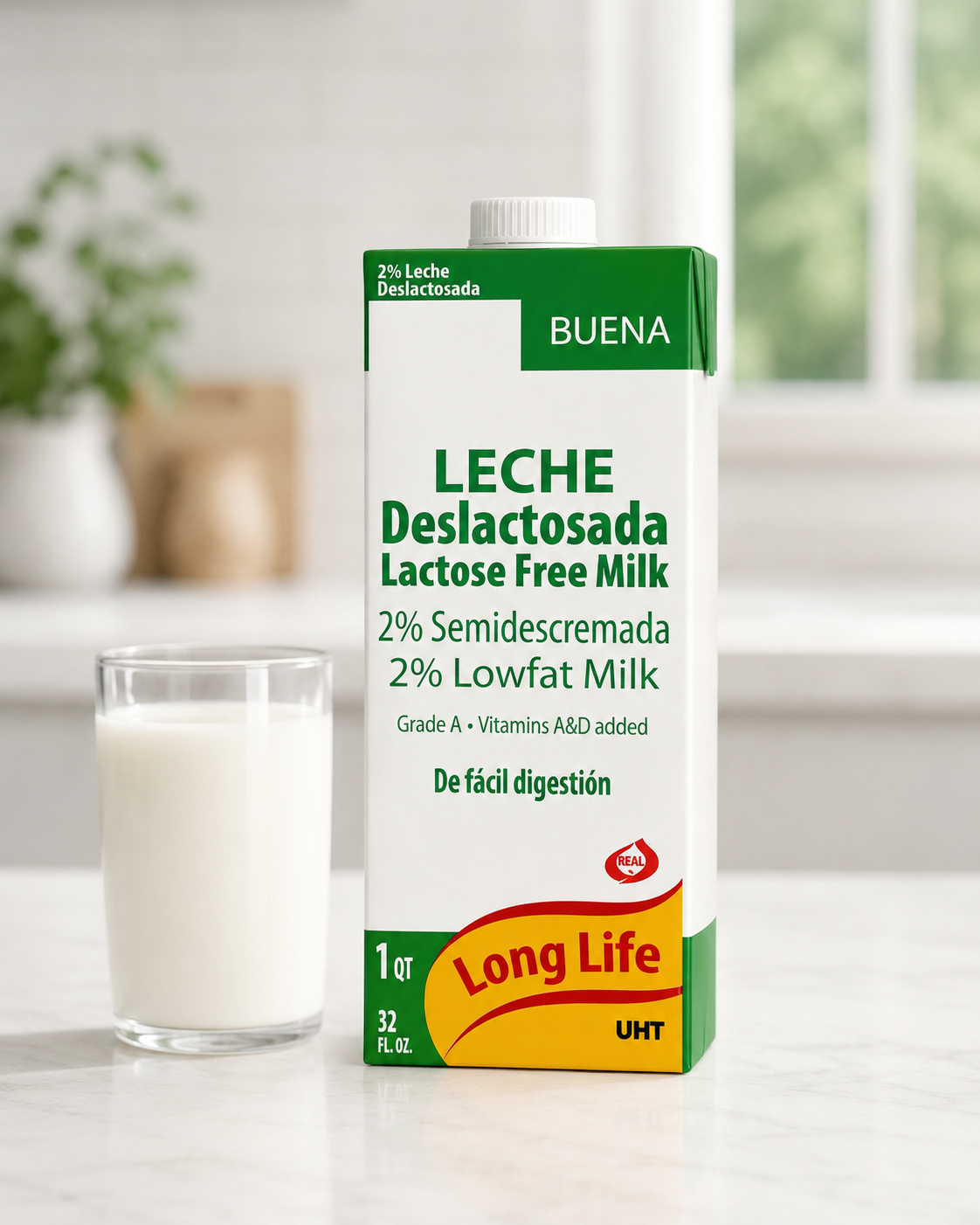 Leche Deslactosada 2% carton of BUENA Long Life milk on a kitchen counter