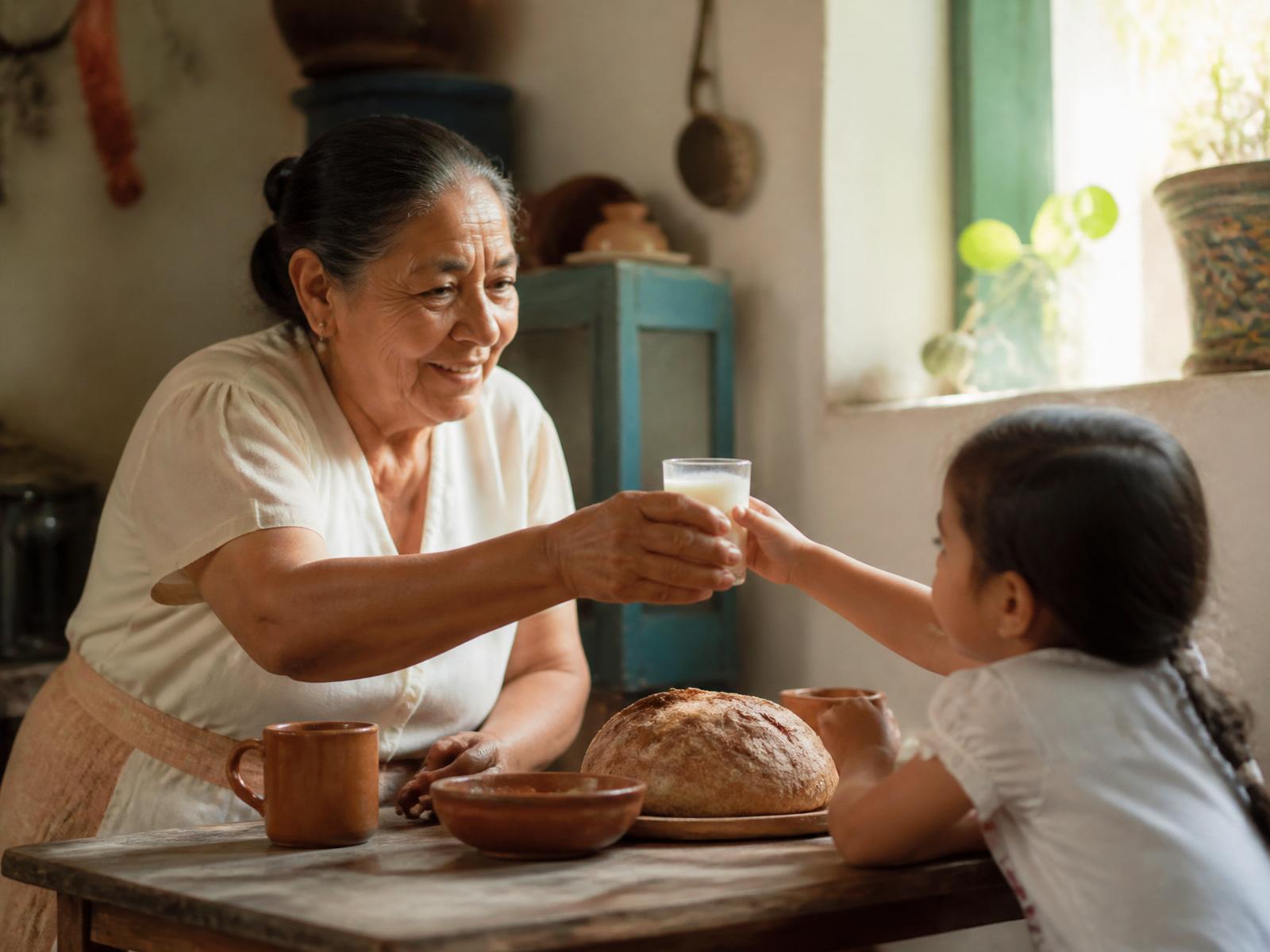 An abuela handing a small glass of milk to her granddaughter in a sunlit country kitchen