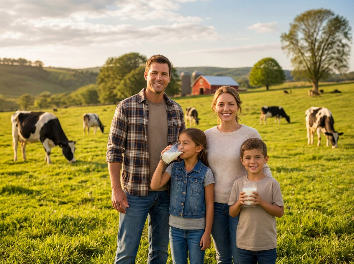 A family on the farm sharing fresh Buena milk together
