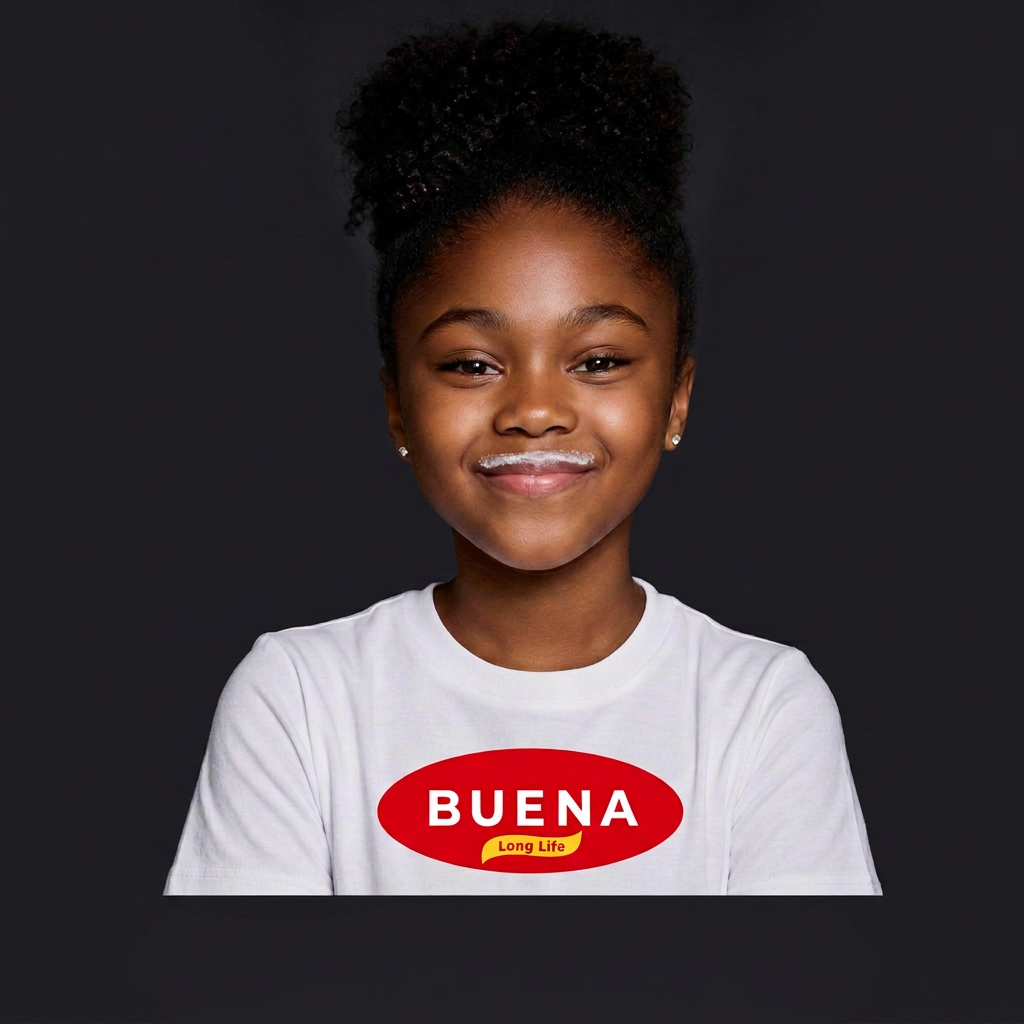 A smiling girl with a milk mustache wearing a BUENA Long Life t-shirt